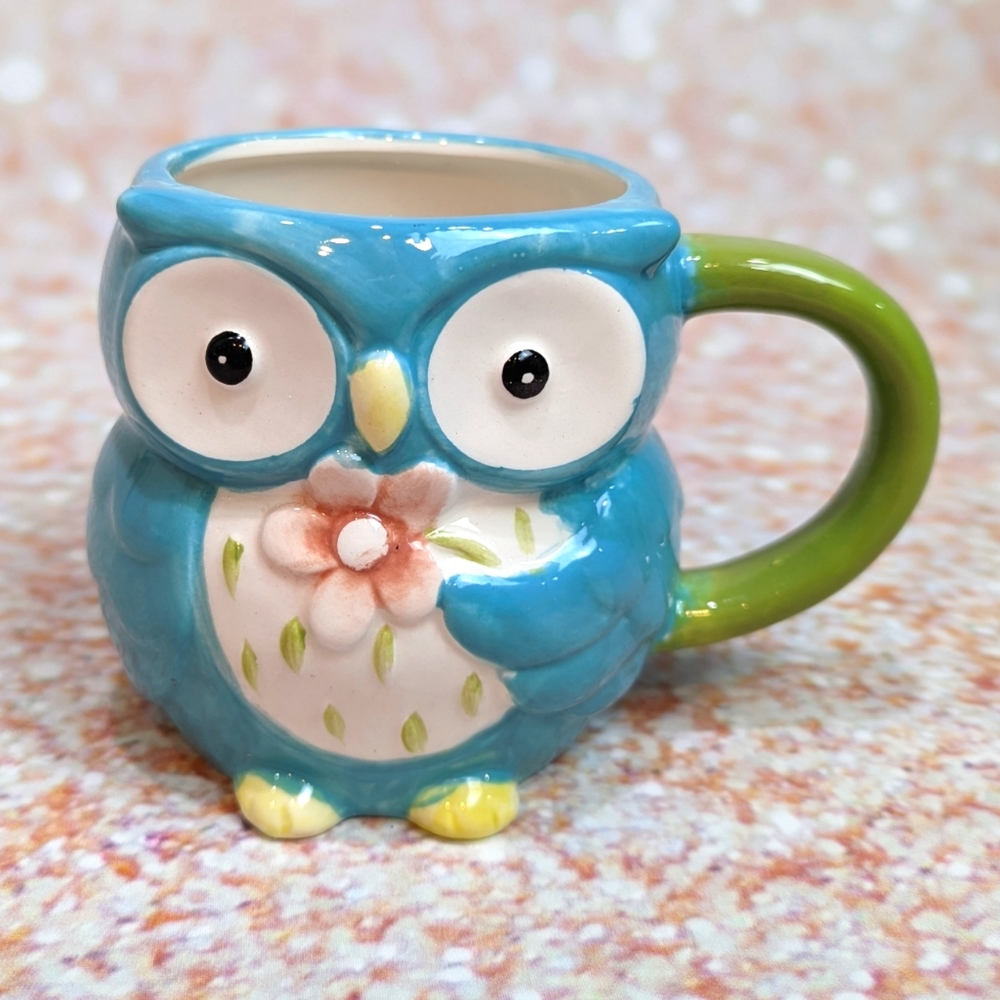 Hand painted Blue and Green 3D Owl Ceramic Mug Coffee Cup